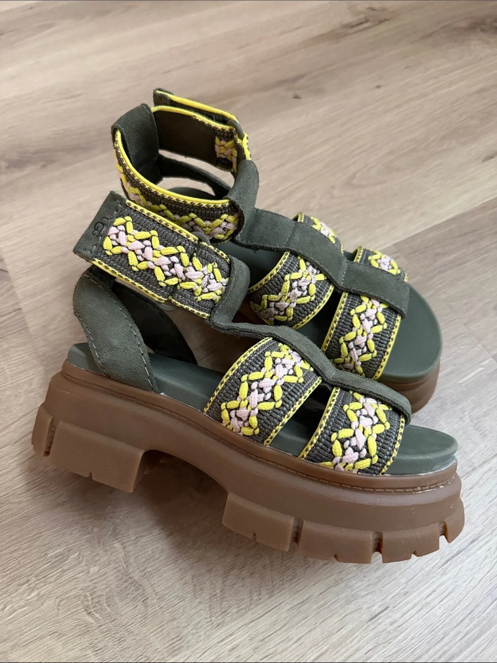 Ugg Chunky Platform Braided Strap Sandals in Olive and Yellow